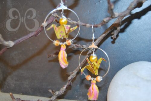 Boucles d'oreilles grue et pompon origami