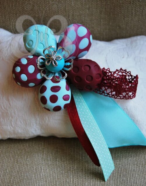 Broche fleur bleu et bordeau