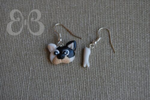 Boucles d'oreilles bouledogue et son os