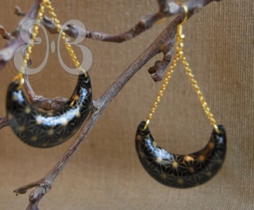 Boucles d'oreilles "lune noire aux étoiles d'or"