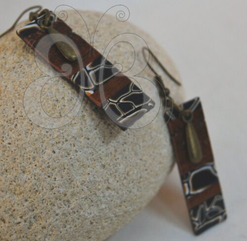 Boucles d'oreilles rectangle en polymère effet bois et carapace tortue bleu
