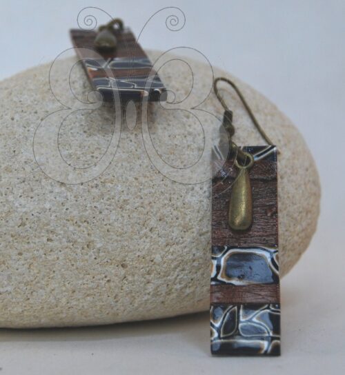 Boucles d'oreilles rectangle en polymère effet bois et carapace tortue bleu