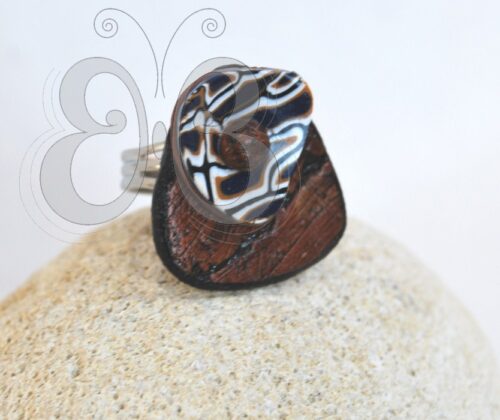 Bague réglable polymère imitation bois et carapace tortue bleu