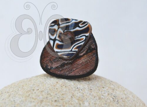 Bague réglable polymère imitation bois et carapace tortue bleu