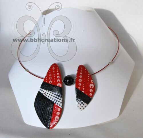 Collier gouttes en polymère avec  effet jean's noir, rouge et blanc