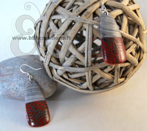 Boucles d'oreilles argent 925°° et argile polymère imitation bois gris et feuillage tropical