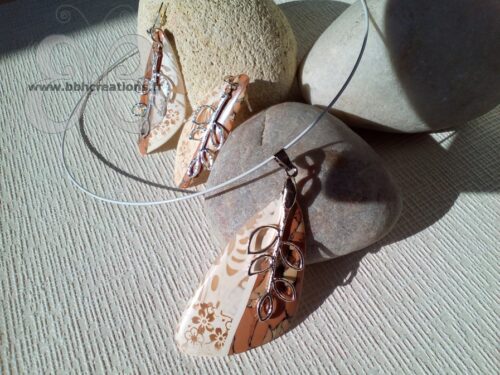 Boucles d'oreilles argent en polymère imitation liège et fleur plaqué argent