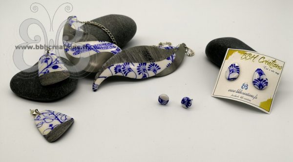 Boucles d'oreilles puces gouttes en argile polymère "porcelaine de Chine"