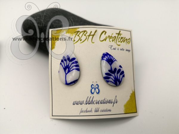 Boucles d'oreilles puces gouttes en argile polymère "porcelaine de Chine"
