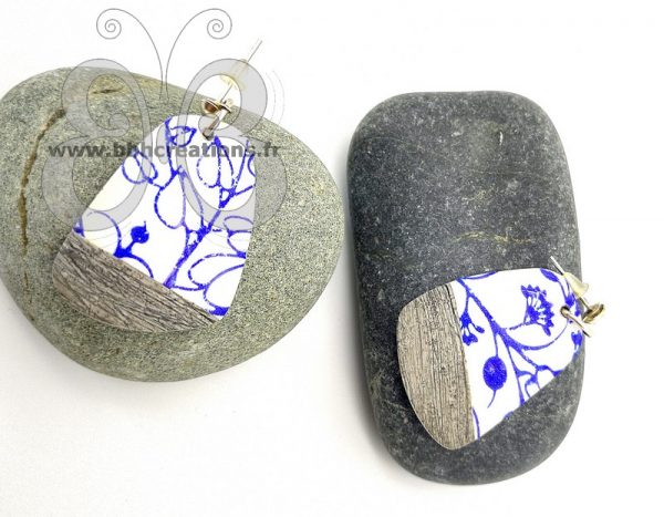 Boucles d'oreilles en argile polymère bois gris et porcelaine de Chine