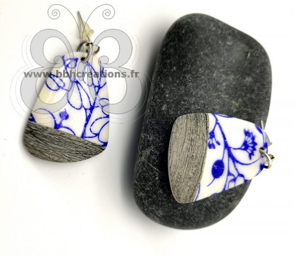 Boucles d'oreilles en argile polymère bois gris et porcelaine de Chine